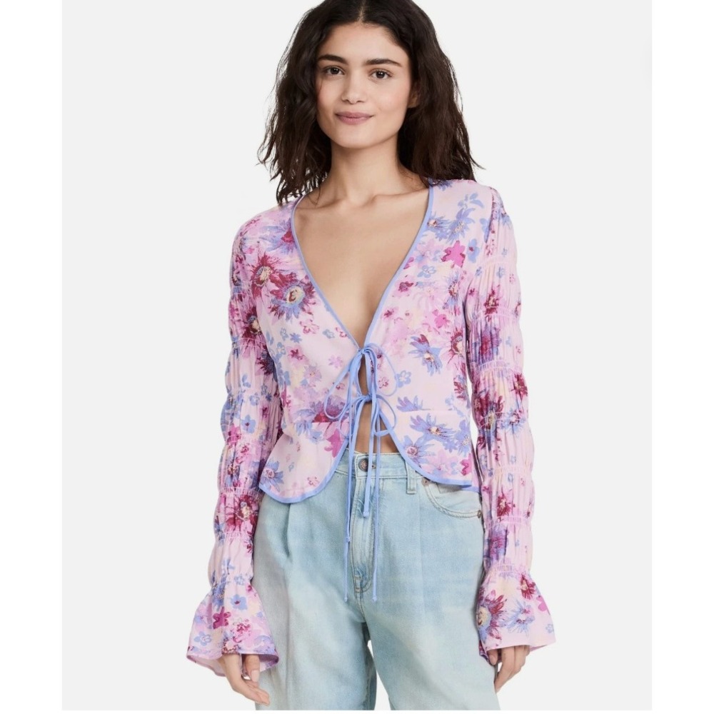 Free People Women's Venice Floral Tie Front Top Rose Combo‎ Large Bell Sleeves